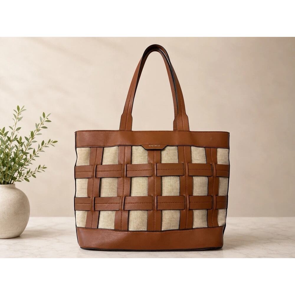 NINE WEST Sutton Place Caged Tote Bag – Caramel & Canvas EUC